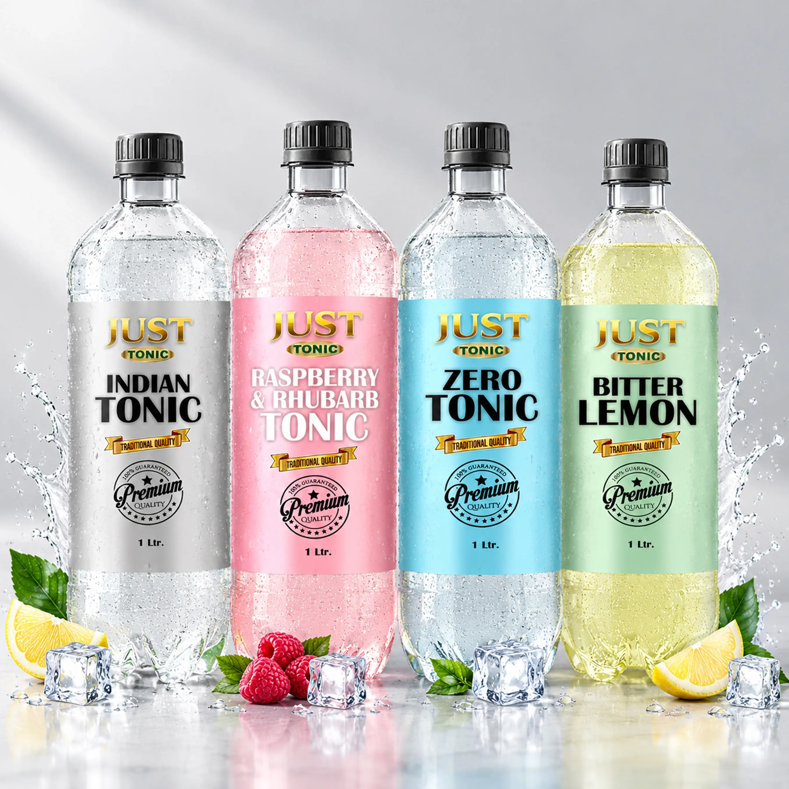 JUST Tonic 1 L PET bottles featuring Indian Tonic, Raspberry &amp; Rhubarb, Zero Tonic, and Bitter Lemon flavours with ice and fresh fruit.